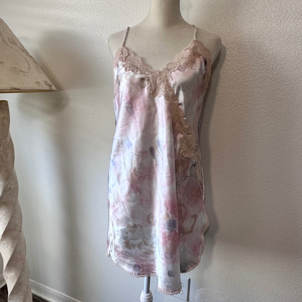 VTG Floral Lace Trim Slip Dress Fairycore Coquette Dollette Women Petite Pink